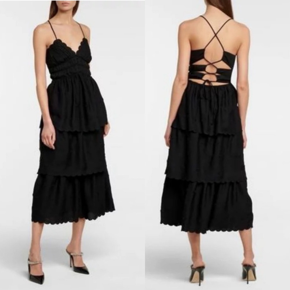 Self Portrait 3-D 3D Flower Tiered Midi Dress Black Strappy‎ Back Size 6 UK 10